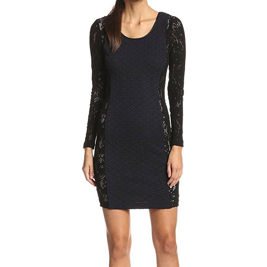 Tracy Reese Womens Blue Sheath Cocktail Dress Lace Combo Long Sleeves Size 6
